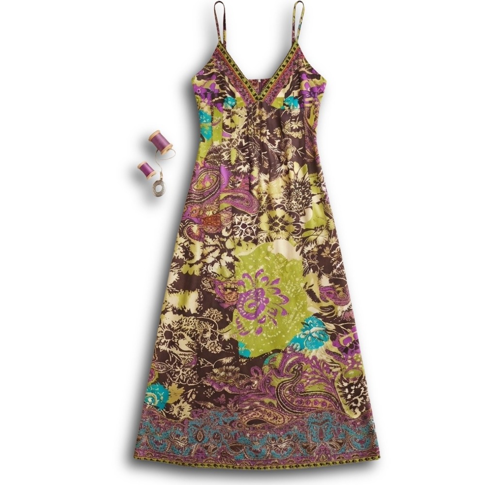 ICE Petite Y2K Maxi Dress Purple Green Paisley Floral Empire Waist Size 4P